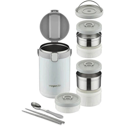 Lunchbox 3 Katlı 4-6 Saat Sıcak/soğuk Termos Çelik Sefer Tası Beslenme Kabı 2100ml Beyaz