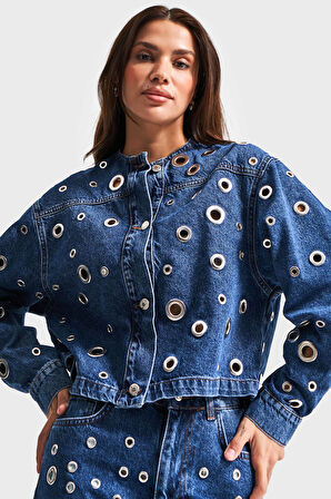 Kadın Mavi Renk 1s5-5 Kuş Gözü Detaylı Crop Oversize %100 Koton Tasarım Denim Ceket