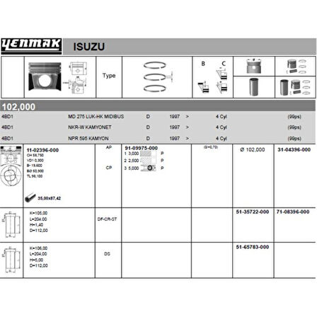 İsuzu Ticarı Piston Segmanlı (std) İsuzu 4bd1 Npr59 - Yenmak 36-04396-000