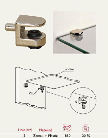 Gürcay Sıkıştırmalı Cam Raf Pimi 5Mm Pimli 8 Adet