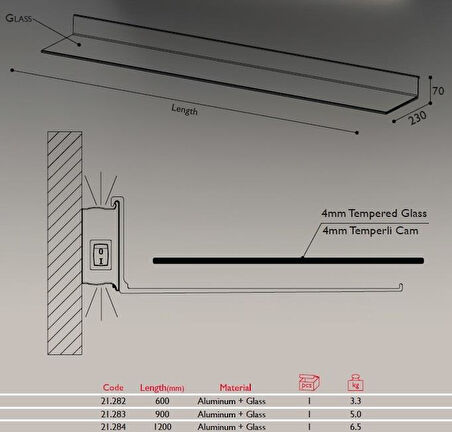 Arka Aydınlatmalı Raf 120cm-Siyah