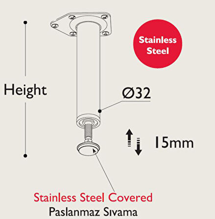 Paslanmaz Metal Mobilya Ayağı 32mm (4 Adet) 10 CM