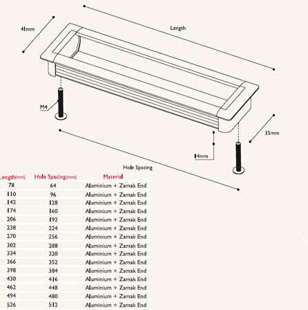 Dörtgen Boy Gömme Kulp Tüm Ölçüler 192 MM