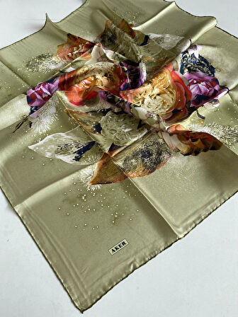 Aker Tivil Saf İpek Eşarp 7580713 - 953 Yeşil Çiçek Desen