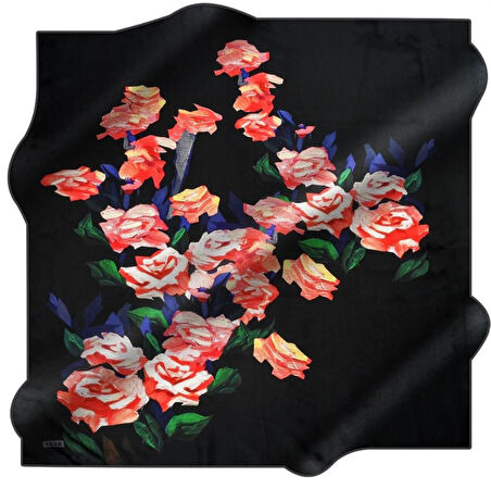 Aker Sura Saf İpek Eşarp 7676701 - 311 Siyah Çiçek Desen