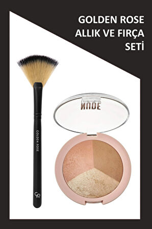 Fan Brush - Yelpaze Fırça ve Nude Look Baked Trio Face Powder - Allık Bronzlaştırıcı Aydınlatıcı Seti