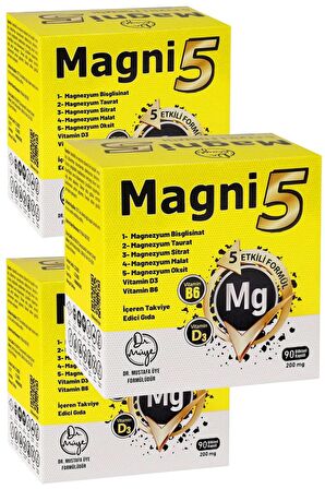 Magni5 Magnezyum 5 Etkili Form 3 Aylık 90 Kapsül B6 D3 Vitamini Bisglisinat Malat Taurat Sitrat Oksit 3'lü