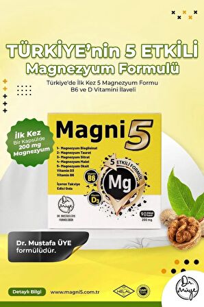 Magni5 Magnezyum 5 Etkili Form 3 Aylık 90 Kapsül B6 D3 Vitamini Bisglisinat Malat Taurat Sitrat Oksit 4'lü