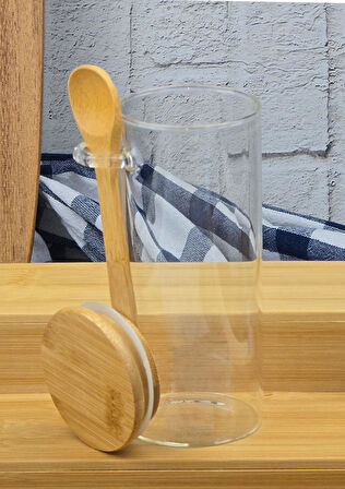 Bambu Standlı Kavanoz Takımı - Cam Kavanoz Seti - Bambu Raf - 5 Parça