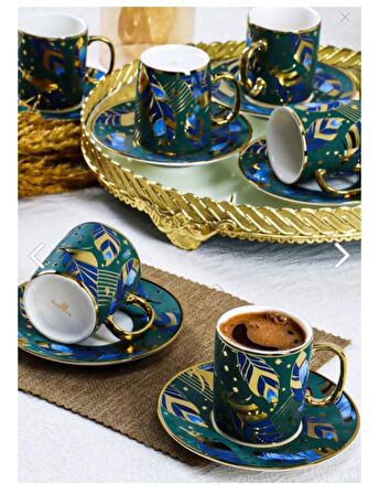 Kosova İST-83 New Bone China 12 Parça Türk Kahvesi Fincan Takımı Yeşil
