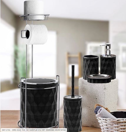 Kosova Diamond Krom/Siyah Yuvarlak 6'lı Banyo Takımı Oky-1741
