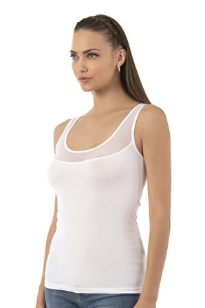 Özkan 20575 Kadın Pamuklu Likralı Süprem Tül Detaylı Kalın Askılı Havuz Yaka Atlet