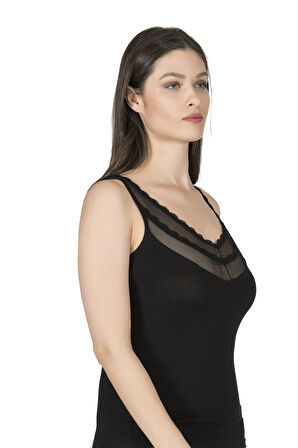 Özkan 20582 Kadın Pamuklu Likralı Süprem Kalın Askılı Tül Detaylı Atlet