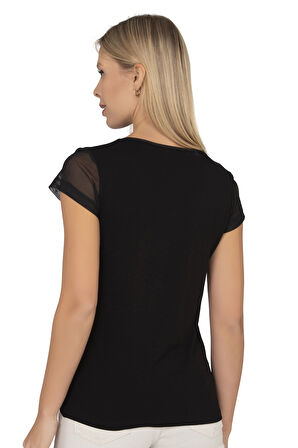 Özkan 22488 Kadın Siyah Viskon Premium Kumaş Tül ve Taş Detaylı Örme Bluz Likralı V Yaka Kısa Kollu 