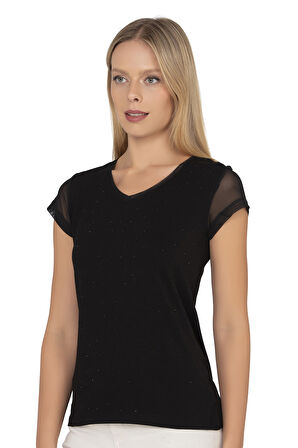 Özkan 22488 Kadın Siyah Viskon Premium Kumaş Tül ve Taş Detaylı Örme Bluz Likralı V Yaka Kısa Kollu 