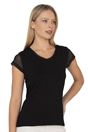 Özkan 22488 Kadın Siyah Viskon Premium Kumaş Tül ve Taş Detaylı Örme Bluz Likralı V Yaka Kısa Kollu 