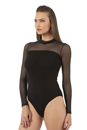 Özkan 22779 Kadın Pamuklu Önü Tül Detaylı Uzun Kollu Yarım Balıkçı Yaka Kancalı Çıtçıtlı Body Zıbın