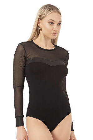 Özkan 22957 Kadın Siyah Viskon Uzun Kollu Yuvarlak Yaka Tül Detaylı Yumuşak Esnek Çıtçıtlı Body