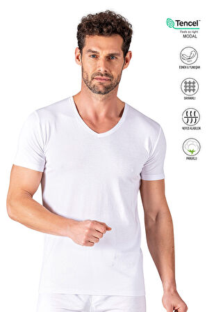 Özkan 11143 Erkek V Yaka Pamuklu Modal Esnek Rahat Kısa Kollu Tişört Fanila