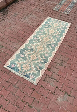 94x247 cm Eski El Dokuma Yeşil Renkli Yolluk Geometrik Desenli Kilim