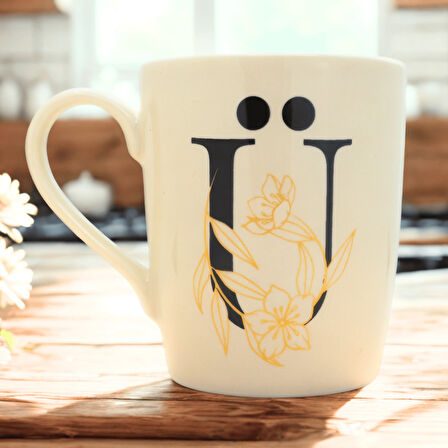 Ü Harfi Çiçek Desenli Seramik Kupa