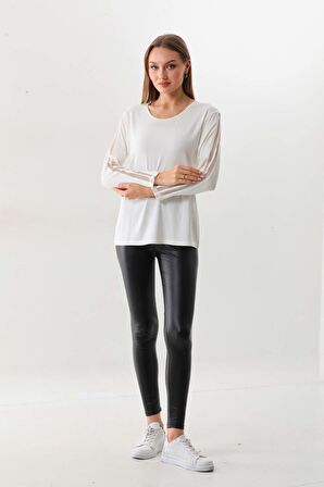 Sistas Kadın Kolları Fileli Bisiklet Yaka Uzun Kol Bluz 20162 Ekru