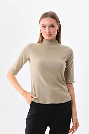 Sistas Kadın Yarım Kol Yarım Balıkçı Yaka Bluz 20623 Bej