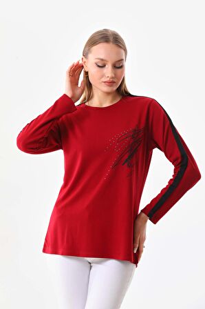 Sistas Kadın Desenli Bisiklet Yaka Uzun Kol Bluz 22689 Bordo