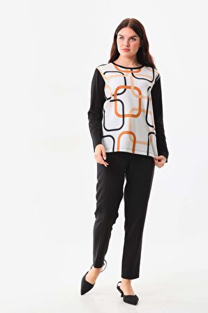 Sistas Kadın Desenli Bisiklet Yaka Uzun Kol Bluz 22788 Siyah