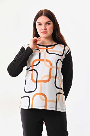 Sistas Kadın Desenli Bisiklet Yaka Uzun Kol Bluz 22788 Siyah