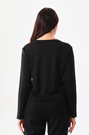 Sistas Kadın Desenli Bisiklet Yaka Uzun Kol Bluz 22788 Siyah