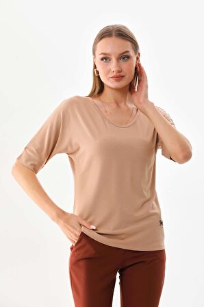 Sistas Kadın Bisiklet Yaka Kısa Kol Bluz 23009 Camel
