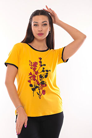 Sistas Kadın Bisiklet Yaka Desenli Kısa Kol Bluz 3087 Sarı