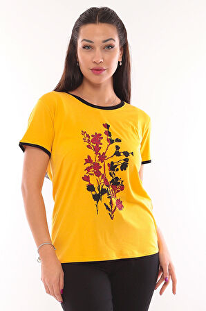 Sistas Kadın Bisiklet Yaka Desenli Kısa Kol Bluz 3087 Sarı