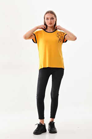 Sistas Kadın İşleme Detaylı Kısa Kol Bluz 23002 Sarı
