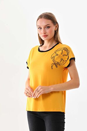 Sistas Kadın İşleme Detaylı Kısa Kol Bluz 23002 Sarı