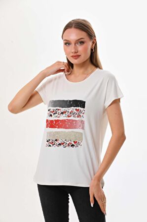 Sistas Kadın Desenli Bisiklet Yaka Kısa Kol Bluz 23057 Ekru