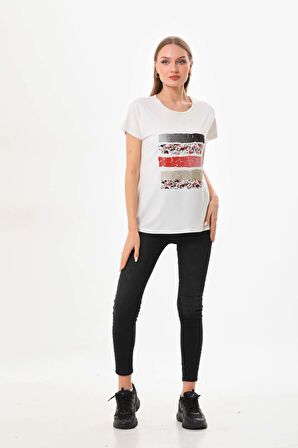 Sistas Kadın Desenli Bisiklet Yaka Kısa Kol Bluz 23057 Ekru