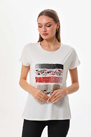 Sistas Kadın Desenli Bisiklet Yaka Kısa Kol Bluz 23057 Ekru