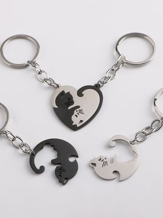 Kedi Figürlü Çift Anahtarlığı - Birbirini Tamamlayan 2'li Puzzle Anahtarlık Seti