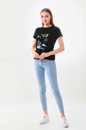 Sistas Kadın Desenli Bisiklet Yaka Kısa Kol Pamuklu Bluz 23056 Siyah