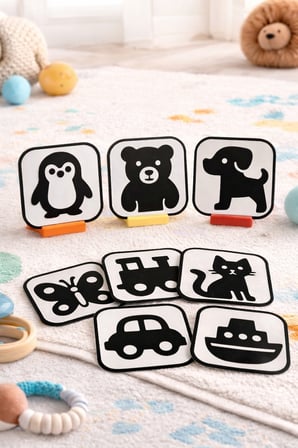 Bebekler İçin Siyah Beyaz Kontrast Tummy Time Kartları Hayvan Ve Araç Figürlü Standlı Set