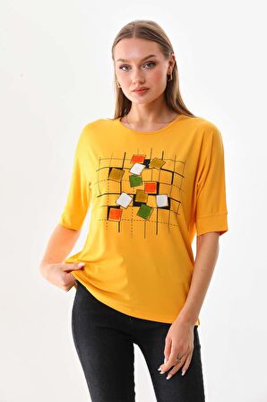 Sistas Kadın Kare Desenli Kısa Kol Bluz 23098 Sarı