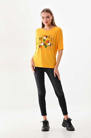 Sistas Kadın Kare Desenli Kısa Kol Bluz 23098 Sarı