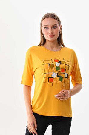 Sistas Kadın Kare Desenli Kısa Kol Bluz 23098 Sarı