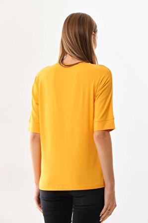 Sistas Kadın Kare Desenli Kısa Kol Bluz 23098 Sarı