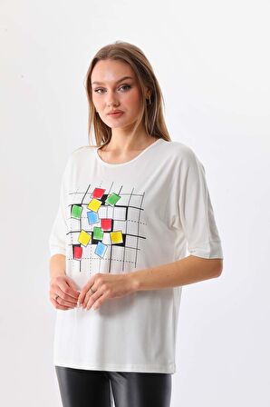 Sistas Kadın Kare Desenli Kısa Kol Bluz 23098 Ekru