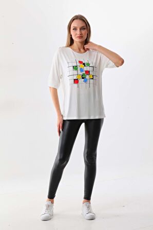 Sistas Kadın Kare Desenli Kısa Kol Bluz 23098 Ekru