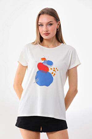 Sistas Kadın Desenli Kısa Kol Penye Bluz 23003 Ekru