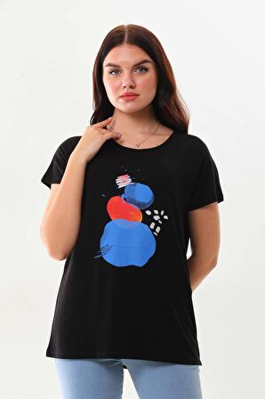 Sistas Kadın Desenli Kısa Kol Penye Bluz 23003 Siyah